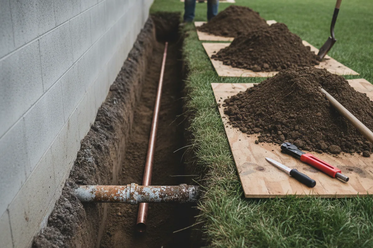 Excavated water line trench during Sewer Line Repair in Newport